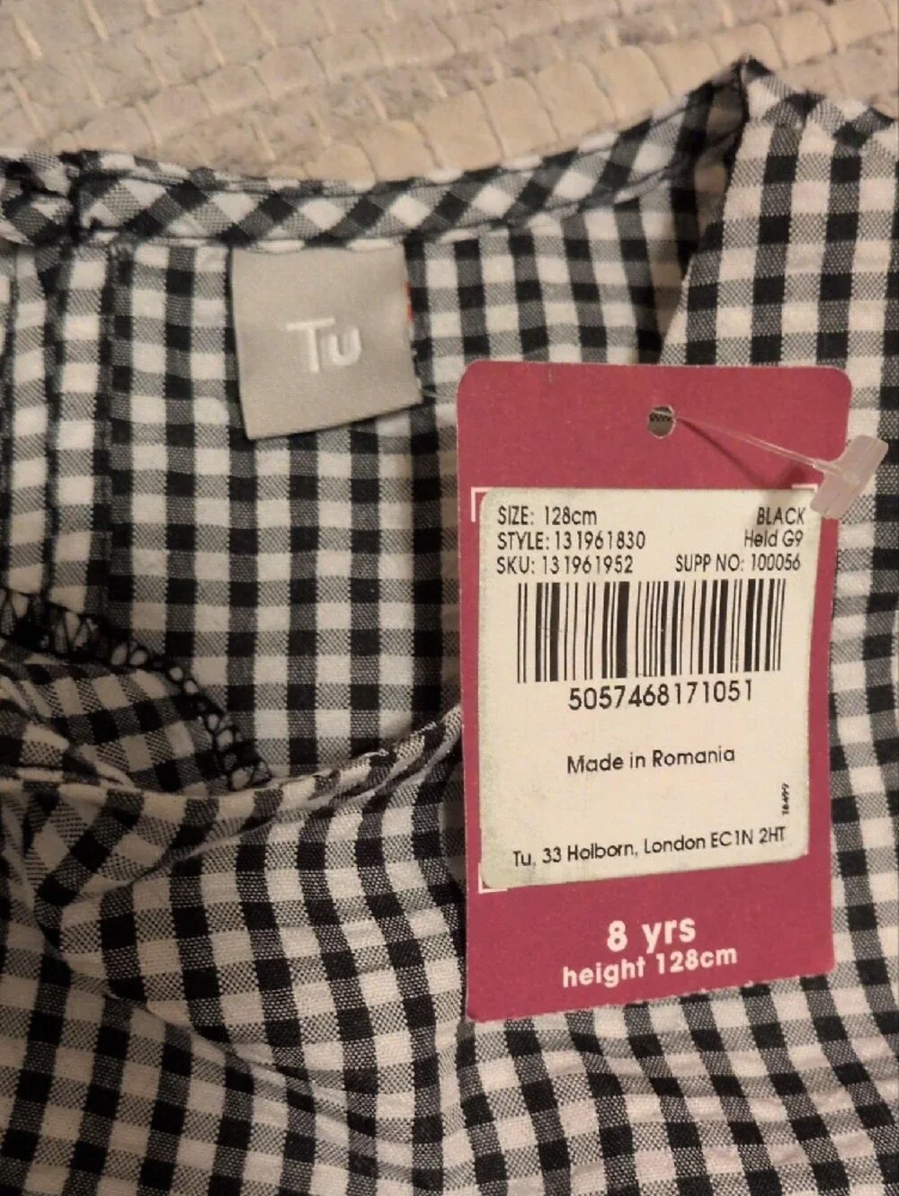Girls' Black & White Gingham Ruffle Hem Casual Dress